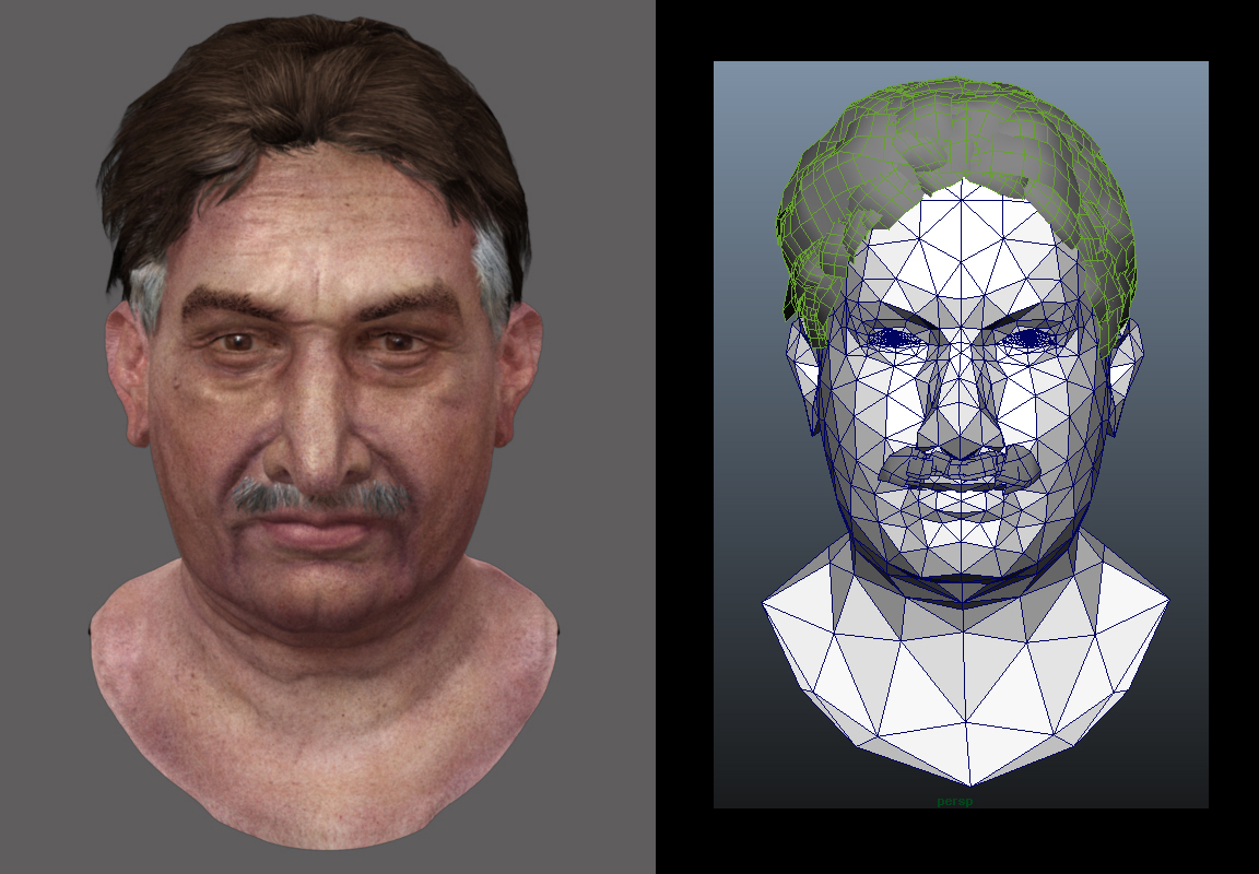 Male Pakistani 3D character head (Maya MR render vs. mesh)